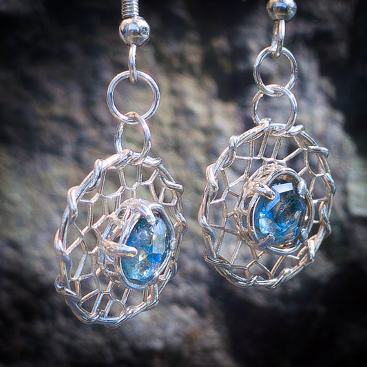 Hand Cut Montana Sapphire Earrings – Sterling Silver Organic Lattice Drops, item 1024