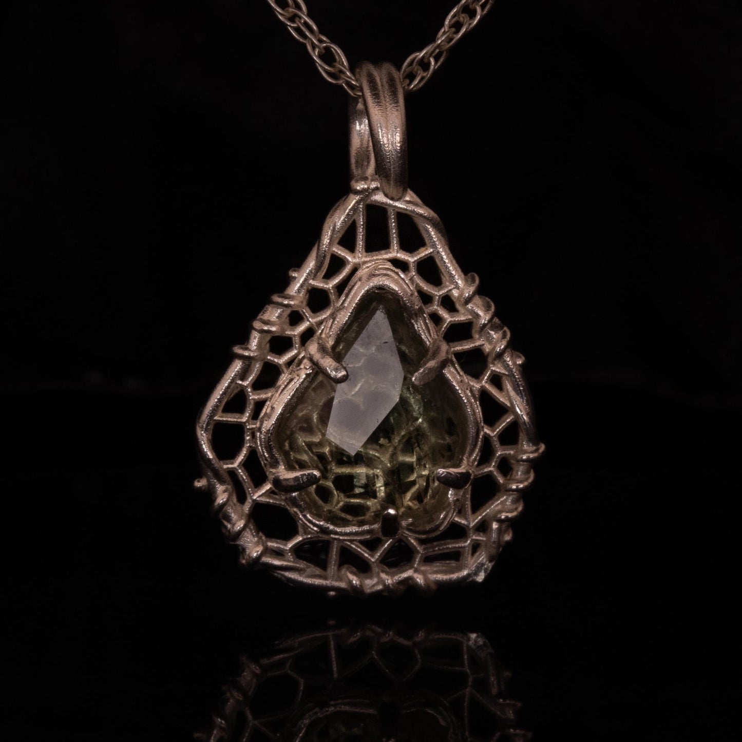 Hand Cut Montana Sapphire Pendant Necklace in Sterling Silver – Dreamcatcher Reimagined, One of a Kind 1023 Sterling silver, Montana Sapphire, green sapphire