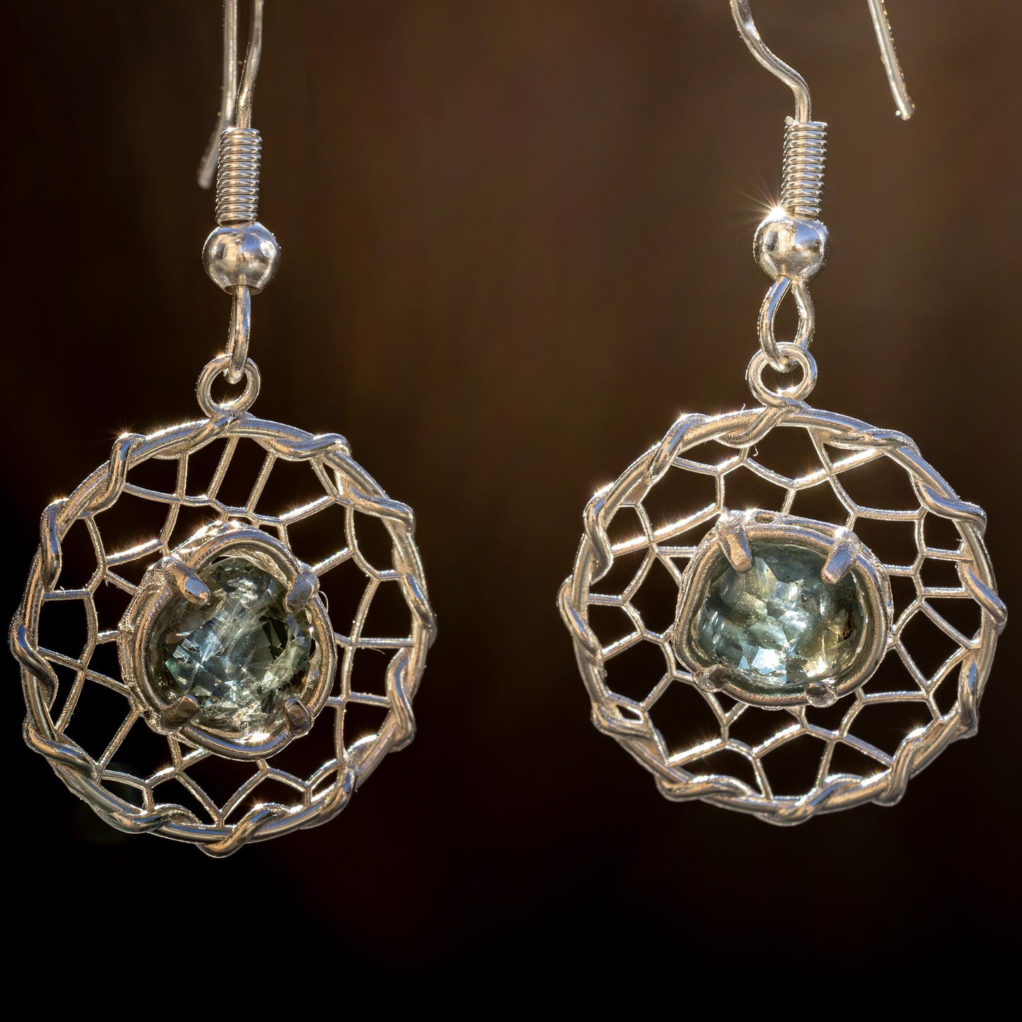 Hand Cut Montana Sapphire Earrings – Sterling Silver Organic Lattice Drops, item 1024 silver, Sapphire