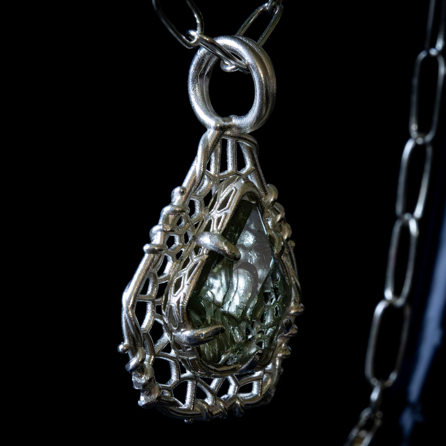 Hand Cut Montana Sapphire Pendant Necklace in Sterling Silver – Dreamcatcher Reimagined, One of a Kind 1023 Sterling silver, Montana Sapphire, green sapphire