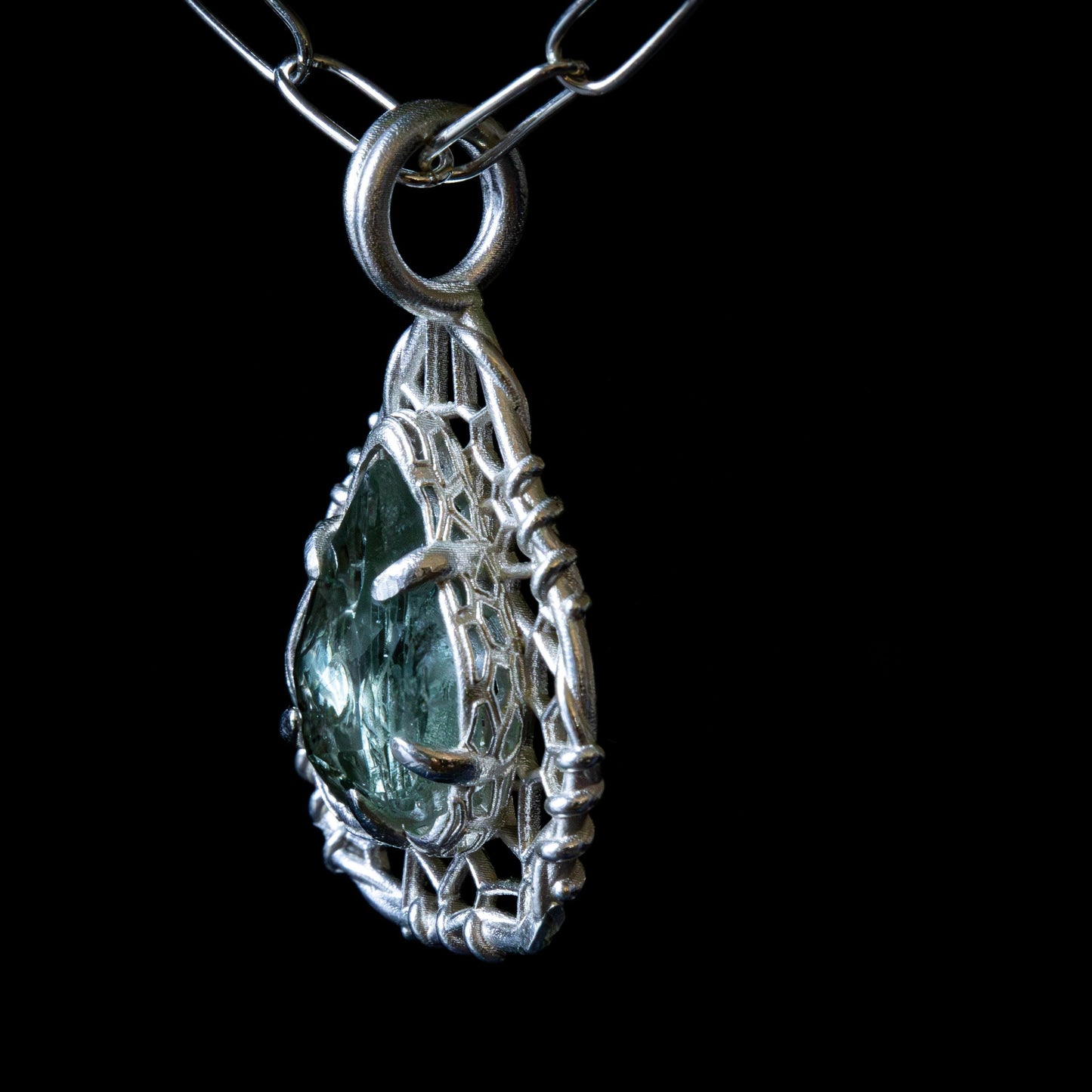 Hand Cut Montana Sapphire Pendant Necklace in Sterling Silver – Dreamcatcher Reimagined, One of a Kind 1023 Sterling silver, Montana Sapphire, green sapphire