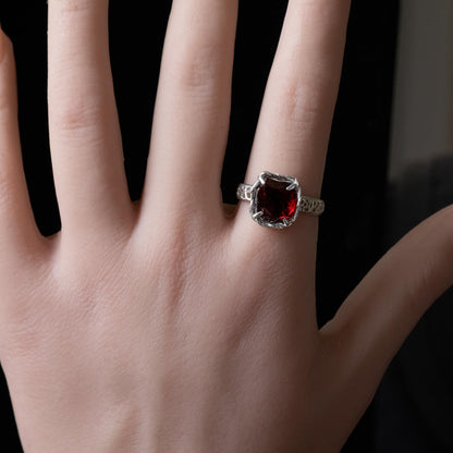 Hand Cut Rubellite Garnet Solitaire Ring — Sterling Silver, Sculptural Design item 1040 silver, Garnet