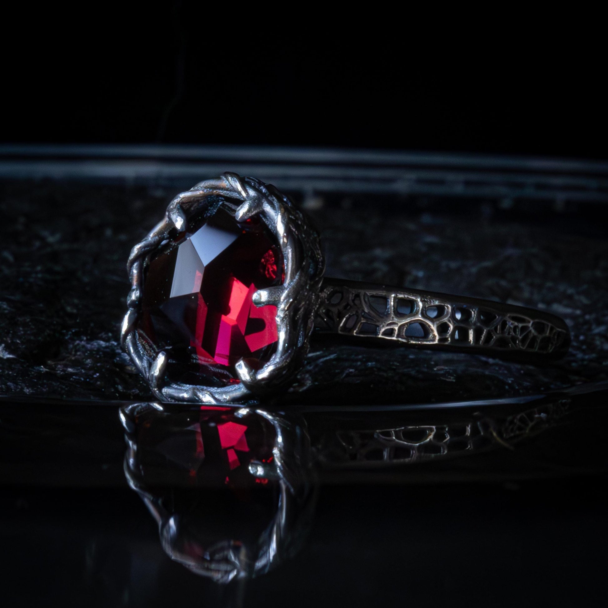 Hand Cut Rubellite Garnet Solitaire Ring — Sterling Silver, Sculptural Design item 1036 silver, Garnet