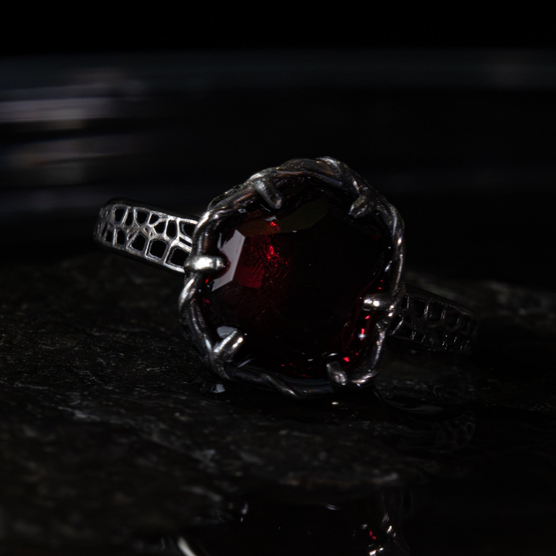 Hand Cut Rubellite Garnet Solitaire Ring — Sterling Silver, Sculptural Design item 1036 silver, Garnet