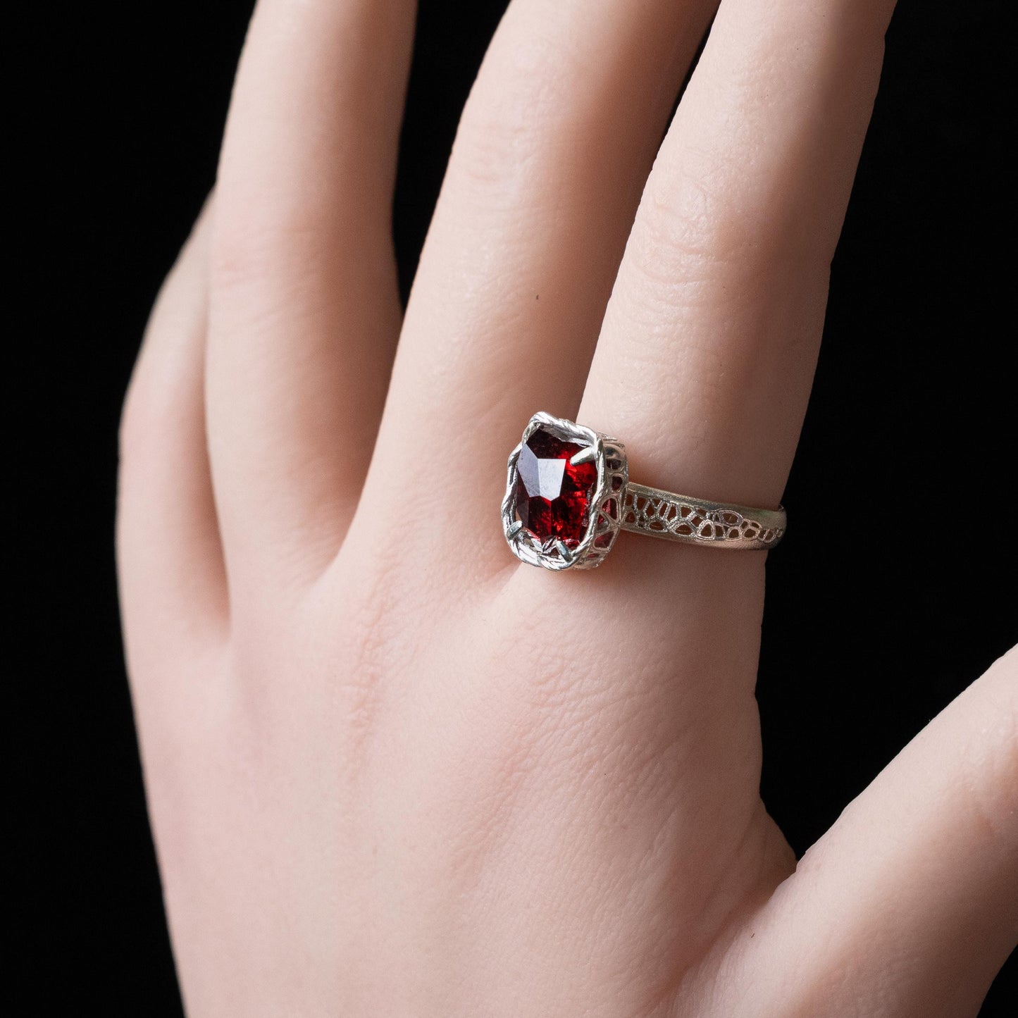 Hand Cut Rubellite Garnet Solitaire Ring — Sterling Silver, Sculptural Design item 1040 silver, Garnet