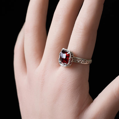 Hand Cut Rubellite Garnet Solitaire Ring — Sterling Silver, Sculptural Design item 1040 silver, Garnet