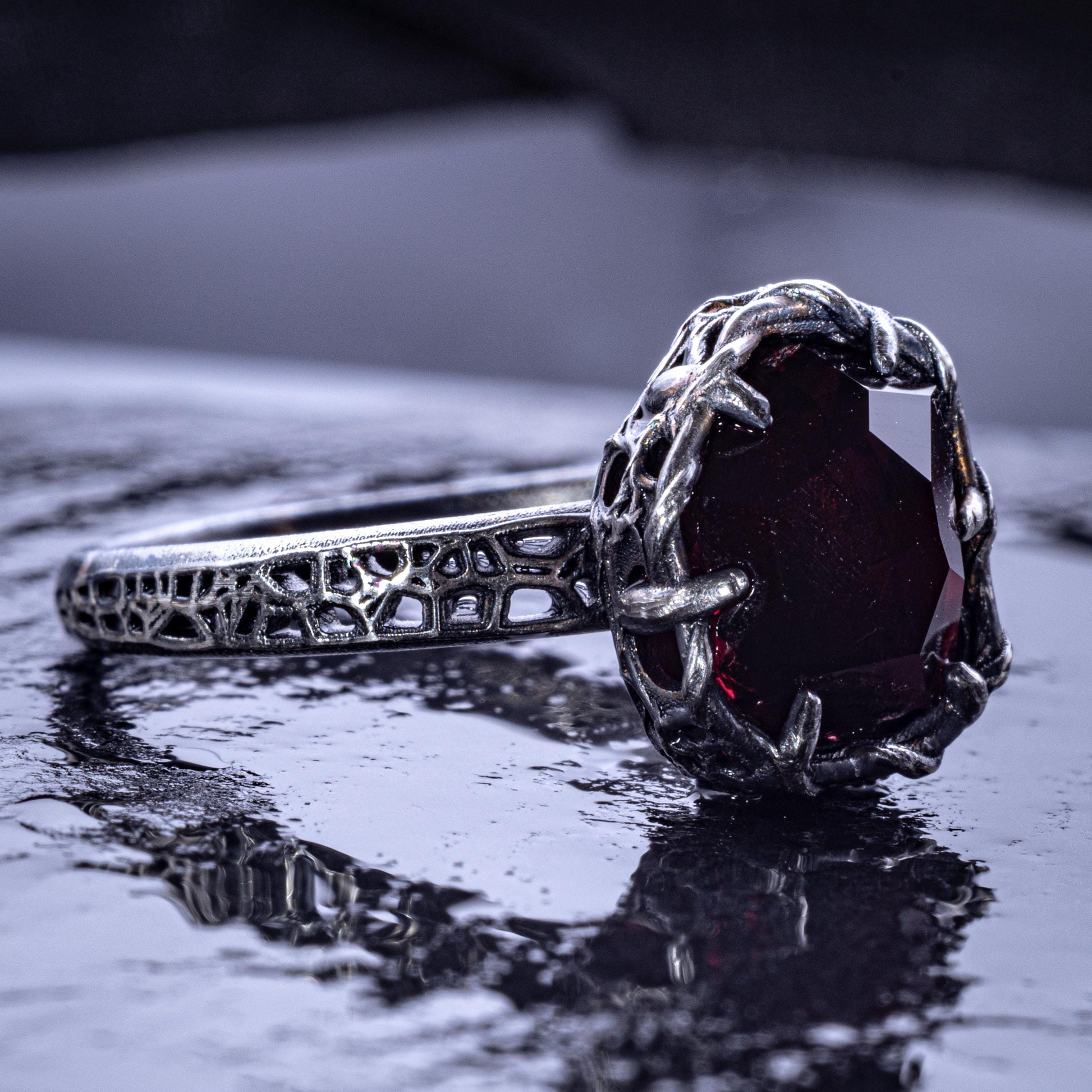 Hand Cut Rubellite Garnet Solitaire Ring — Sterling Silver, Sculptural Design item 1036 silver, Garnet