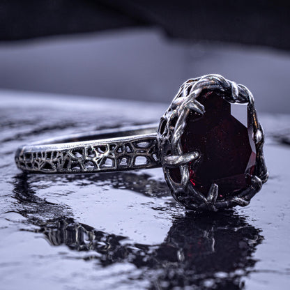 Hand Cut Rubellite Garnet Solitaire Ring — Sterling Silver, Sculptural Design item 1036 silver, Garnet