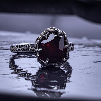 Hand Cut Rubellite Garnet Solitaire Ring — Sterling Silver, Sculptural Design item 1036 silver, Garnet