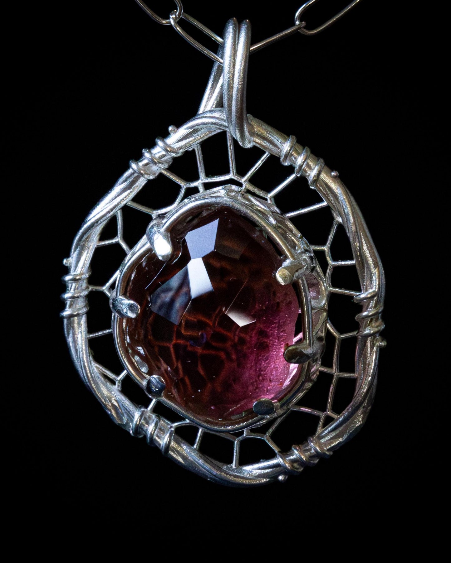 Hand Cut Tourmaline Pendant Necklace in Sterling Silver – Dreamcatcher Reimagined, item 1011 Sterling silver, Red Tourmaline