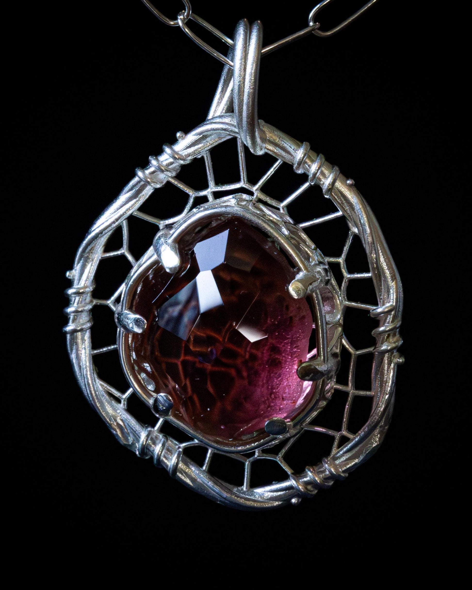 Hand Cut Tourmaline Pendant Necklace in Sterling Silver – Dreamcatcher Reimagined, item 1011 Sterling silver, Red Tourmaline