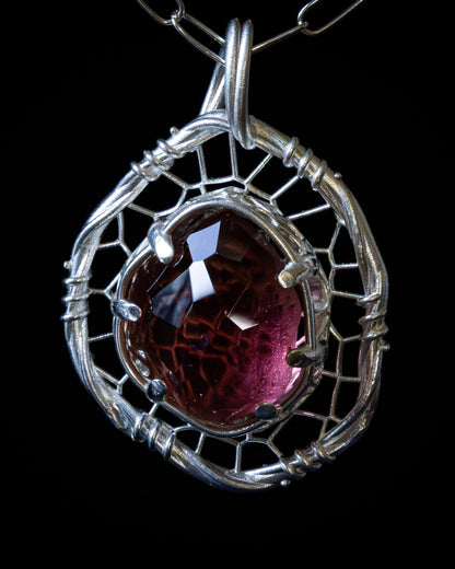 Hand Cut Tourmaline Pendant Necklace in Sterling Silver – Dreamcatcher Reimagined, item 1011 Sterling silver, Red Tourmaline