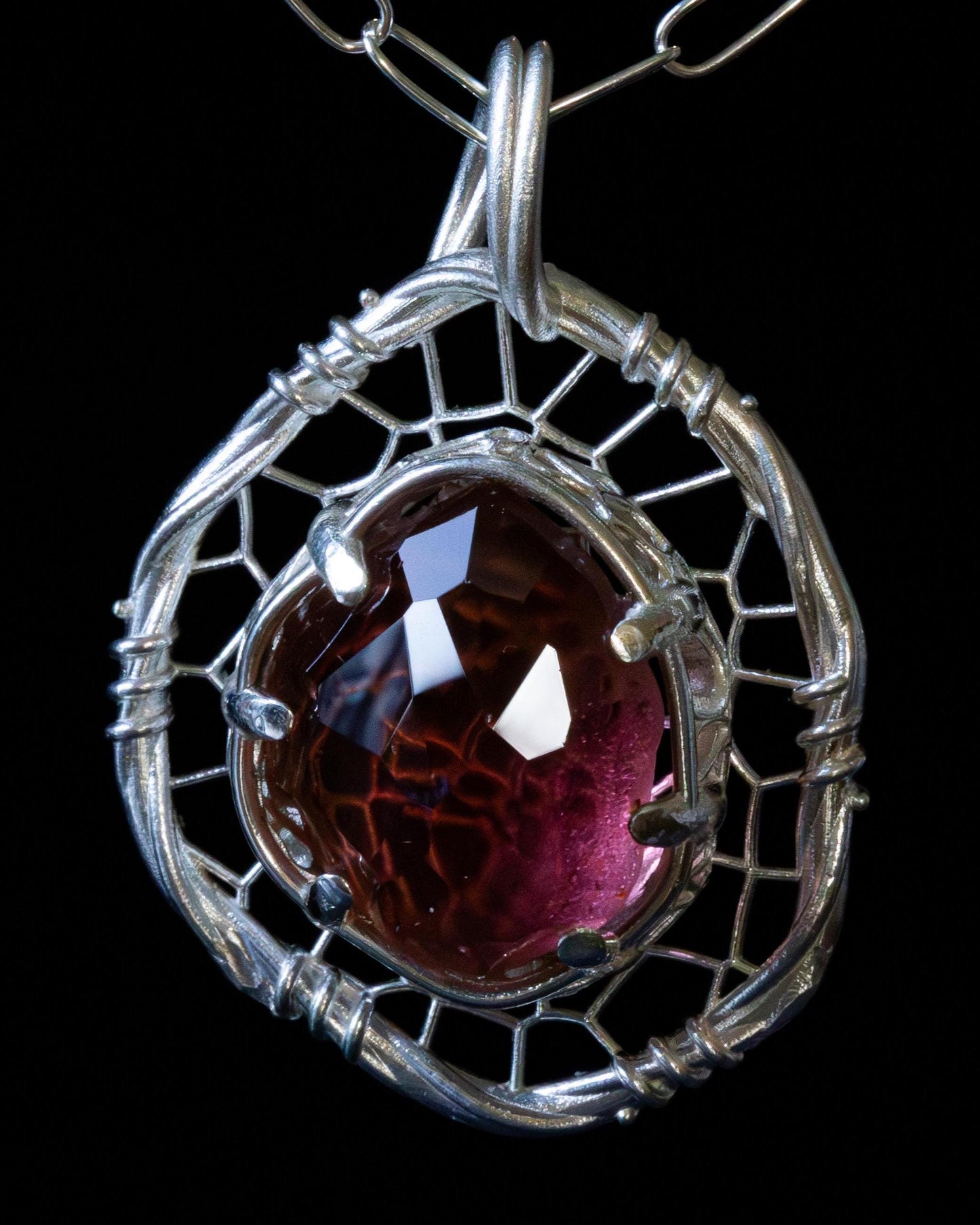 Hand Cut Tourmaline Pendant Necklace in Sterling Silver – Dreamcatcher Reimagined, item 1011 Sterling silver, Red Tourmaline