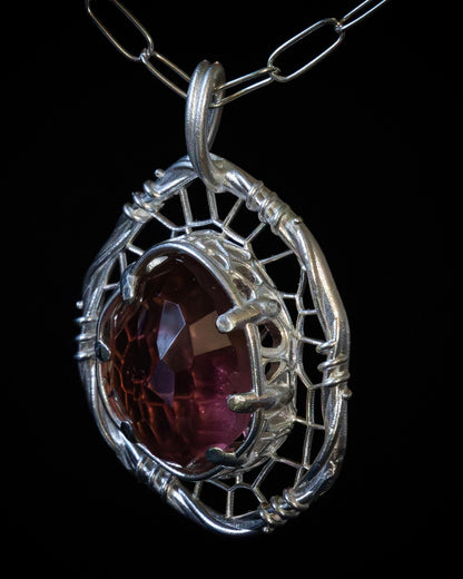 Hand Cut Tourmaline Pendant Necklace in Sterling Silver – Dreamcatcher Reimagined, item 1011 Sterling silver, Red Tourmaline