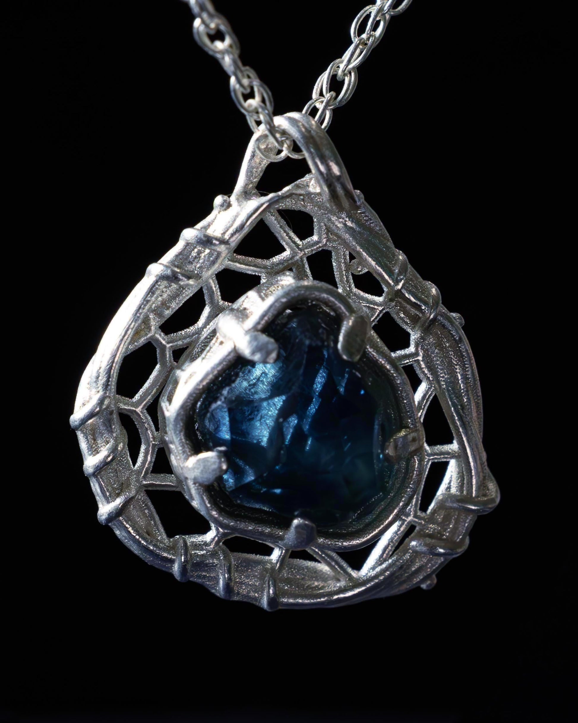 Hand Cut Montana Sapphire Sterling Silver Pendant - Dreamcatcher Necklace item 1009 Sterling silver, blue green sapphire, Montana Sapphire