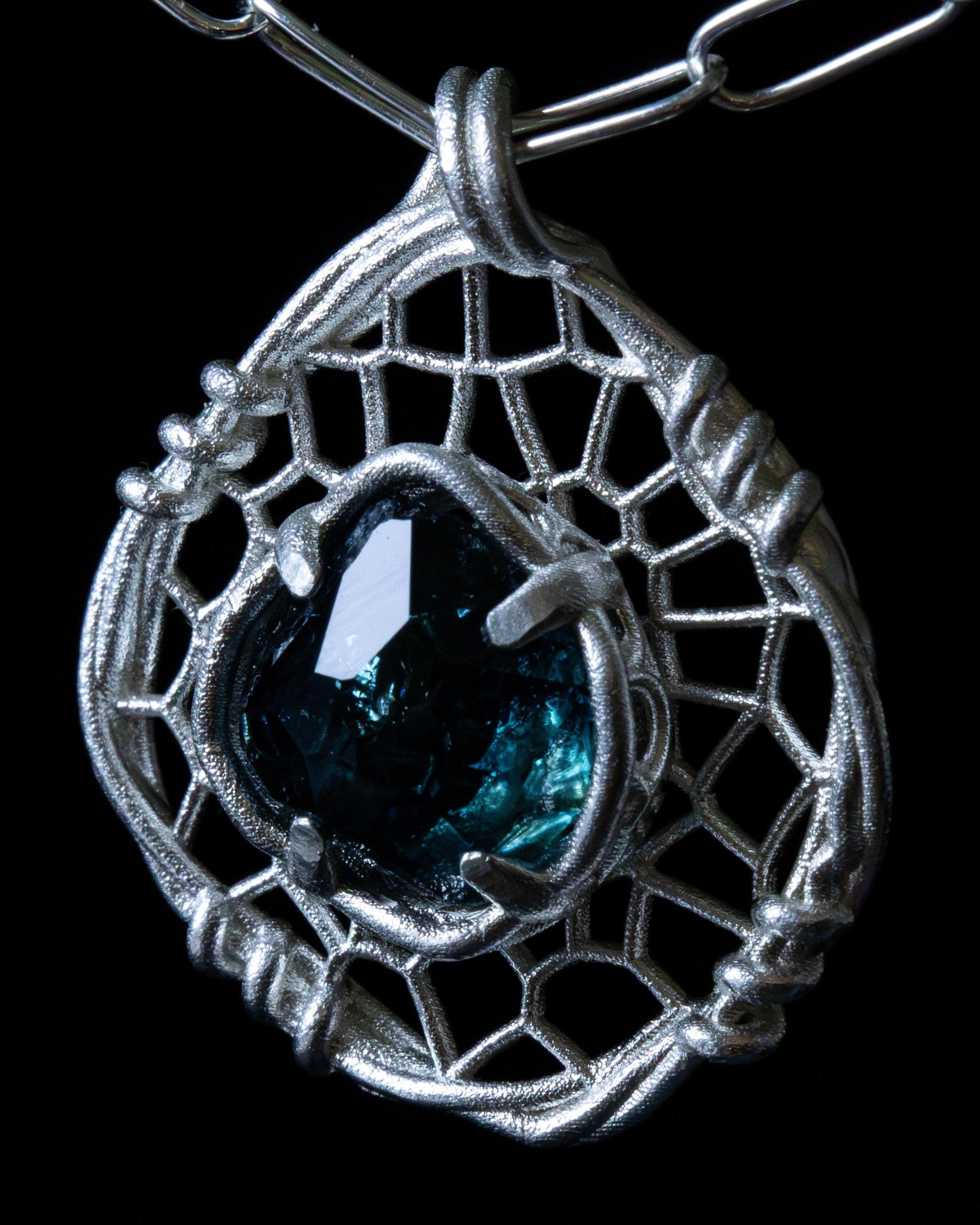 Hand Cut Montana Sapphire Sterling Silver Pendant - Dreamcatcher Necklace item 1007 Sterling silver, Blue Sapphire, Montana Sapphire