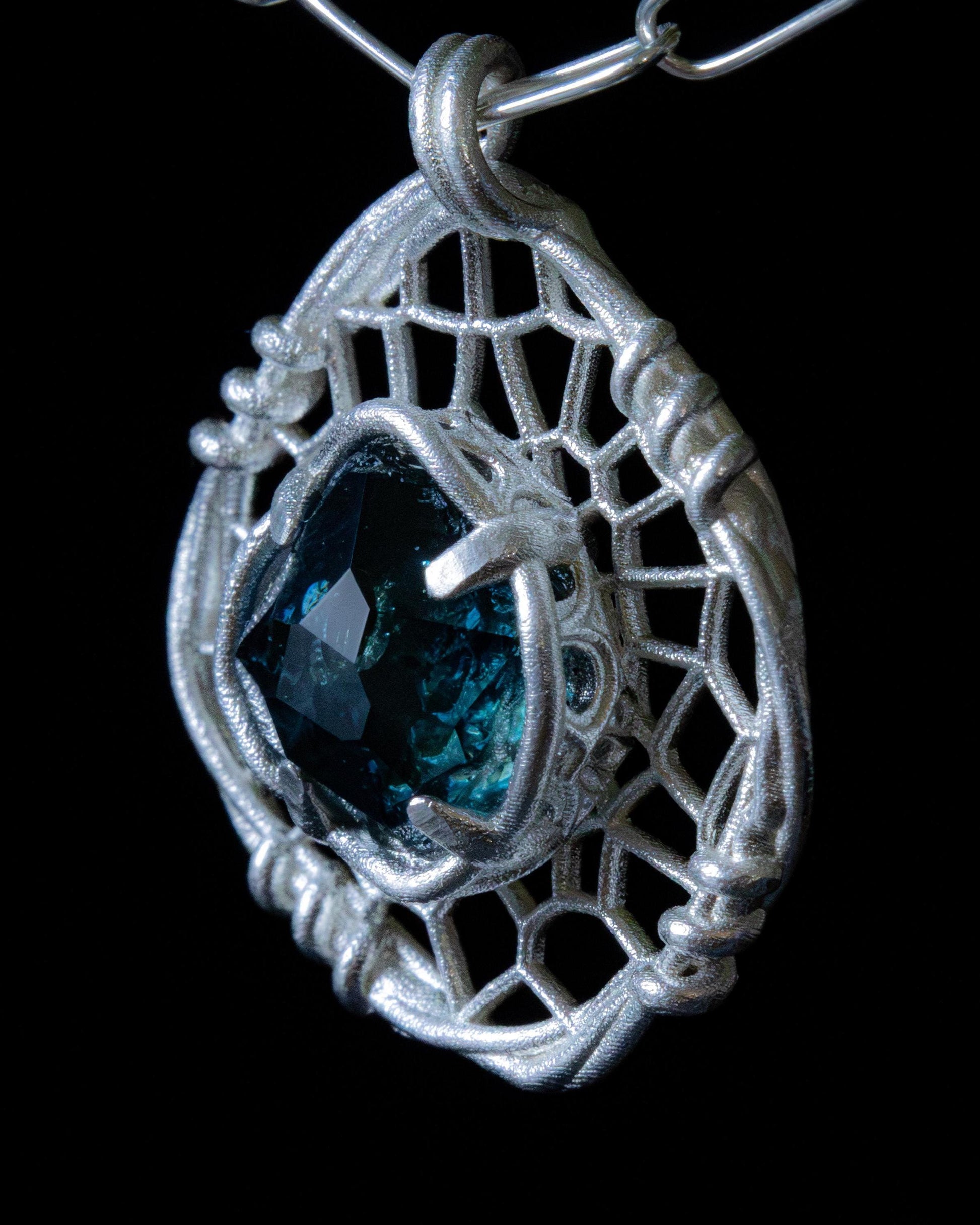 Hand Cut Montana Sapphire Sterling Silver Pendant - Dreamcatcher Necklace item 1007 Sterling silver, Blue Sapphire, Montana Sapphire