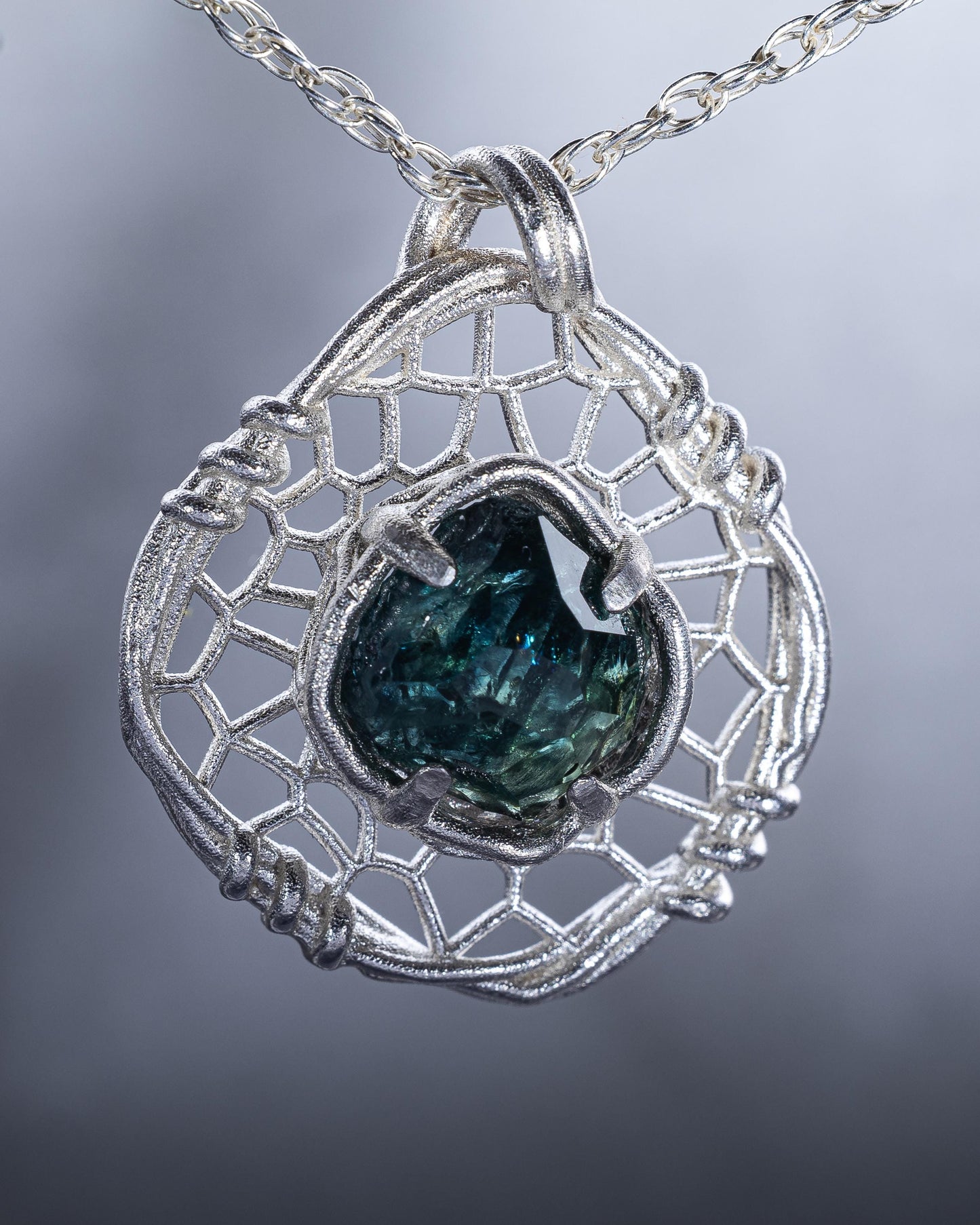 Hand Cut Montana Sapphire Sterling Silver Pendant - Dreamcatcher Necklace item 1007 Sterling silver, Blue Sapphire, Montana Sapphire
