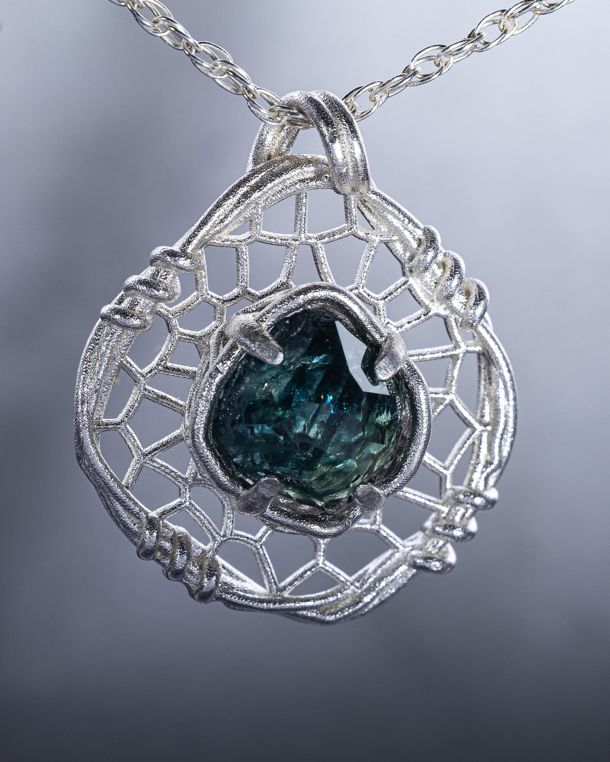 Hand Cut Montana Sapphire Sterling Silver Pendant - Dreamcatcher Necklace item 1007 Sterling silver, Blue Sapphire, Montana Sapphire