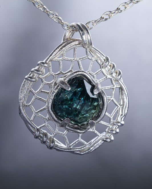 Hand Cut Montana Sapphire Sterling Silver Pendant - Dreamcatcher Necklace item 1007 Sterling silver, Blue Sapphire, Montana Sapphire