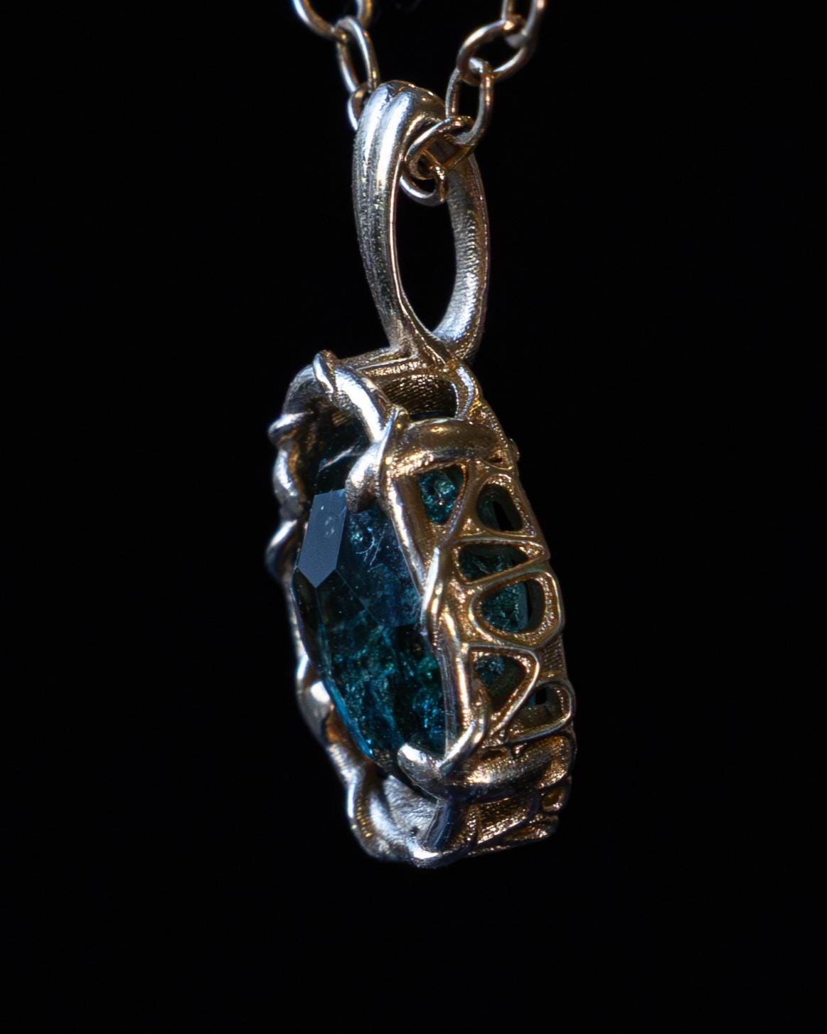 14k Yellow Gold Montana Sapphire Pendant, Handmade Fine Jewelry, item 1032 gold, teal sapphire, sapphire, blue green sapphire