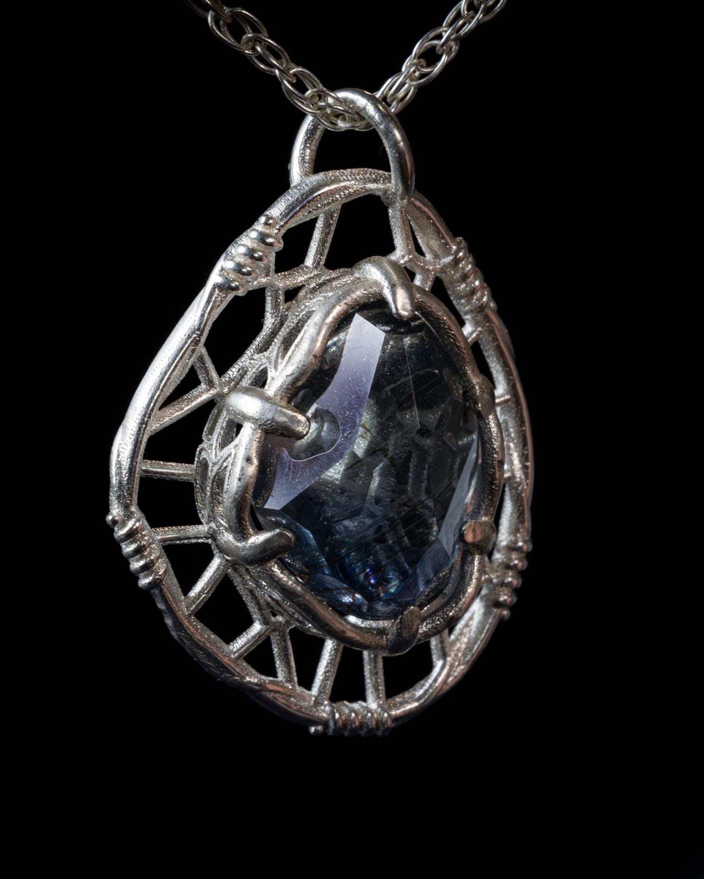Hand Cut Rutilated Sapphire Sterling Silver Pendant - Dreamcatcher Necklace item 1005 Sterling silver, Sapphire