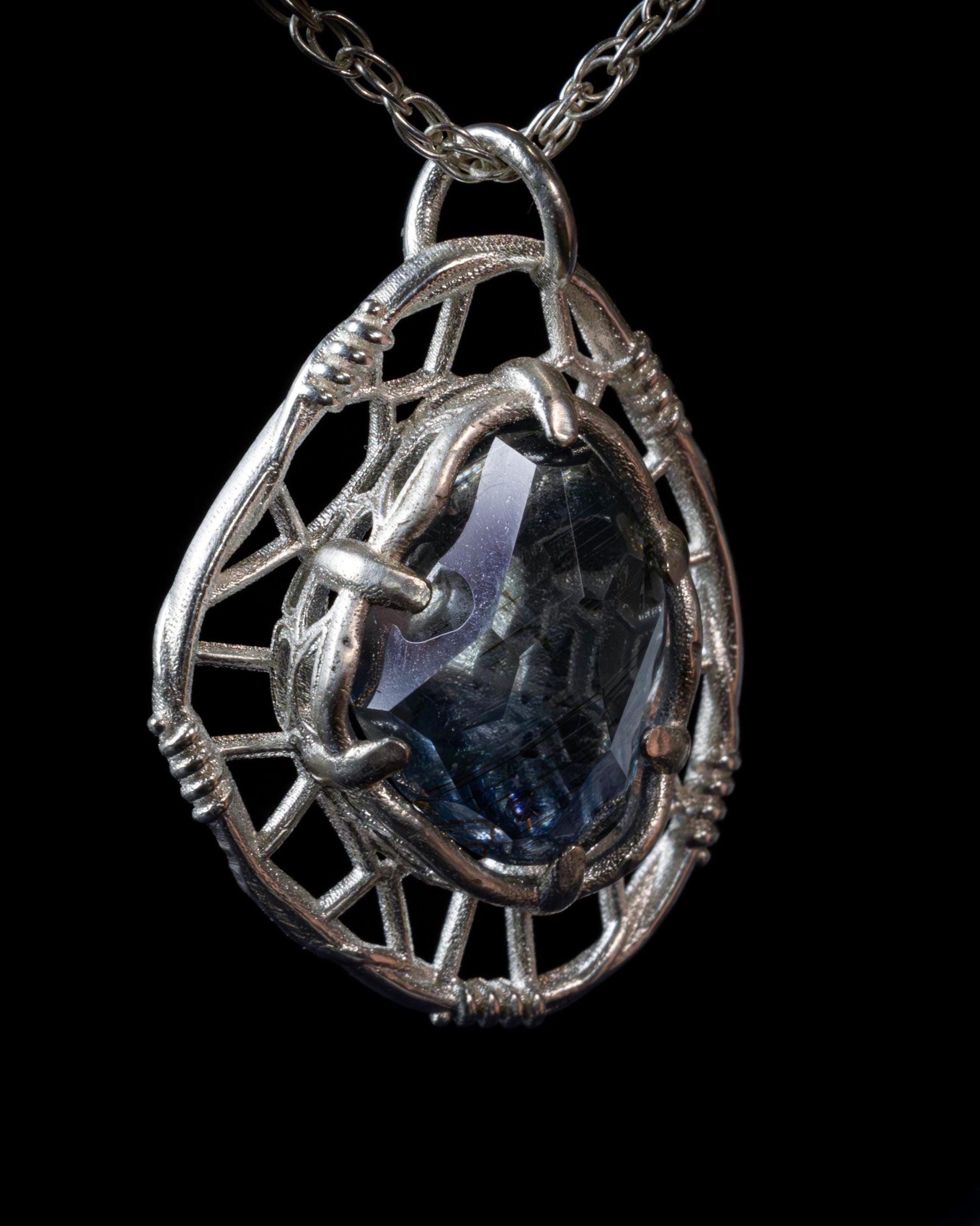 Hand Cut Rutilated Sapphire Sterling Silver Pendant - Dreamcatcher Necklace item 1005 Sterling silver, Sapphire