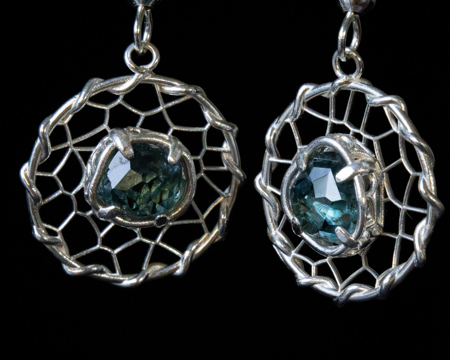 Hand Cut Montana Sapphire Earrings – Sterling Silver Organic Lattice Drops, item 1024 silver, Sapphire