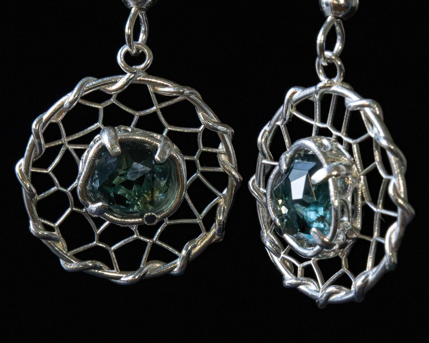 Hand Cut Montana Sapphire Earrings – Sterling Silver Organic Lattice Drops, item 1024 silver, Sapphire