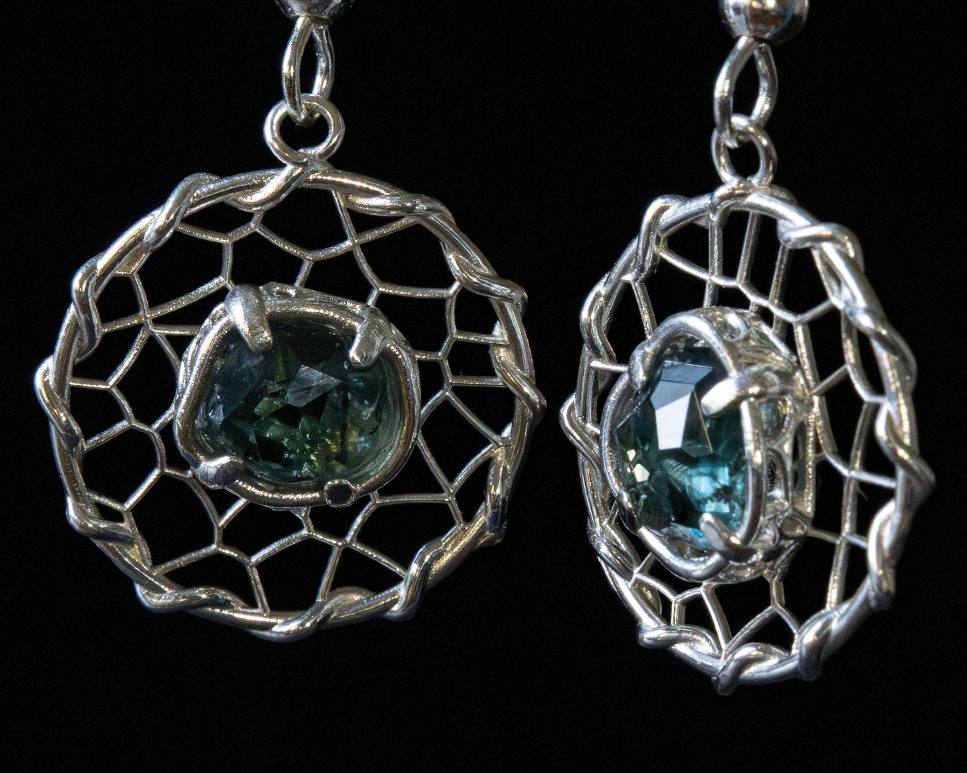 Hand Cut Montana Sapphire Earrings – Sterling Silver Organic Lattice Drops, item 1024 silver, Sapphire