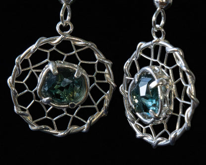 Hand Cut Montana Sapphire Earrings – Sterling Silver Organic Lattice Drops, item 1024 silver, Sapphire