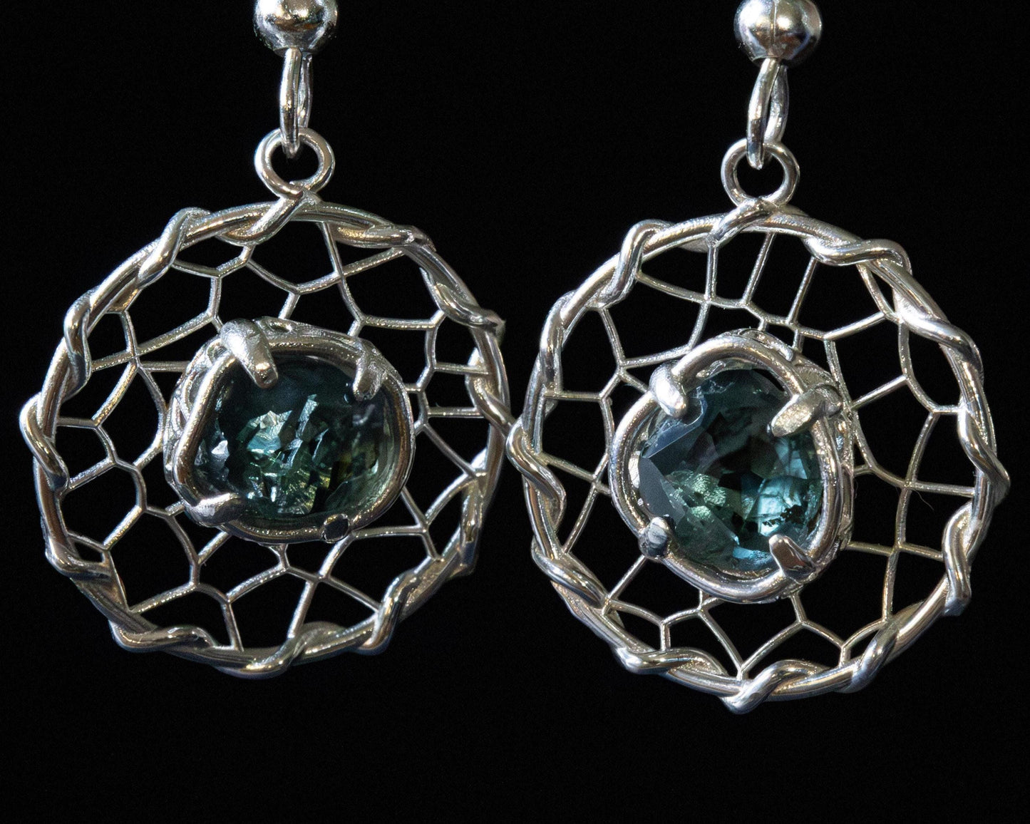 Hand Cut Montana Sapphire Earrings – Sterling Silver Organic Lattice Drops, item 1024 silver, Sapphire