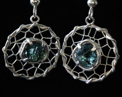 Hand Cut Montana Sapphire Earrings – Sterling Silver Organic Lattice Drops, item 1024 silver, Sapphire