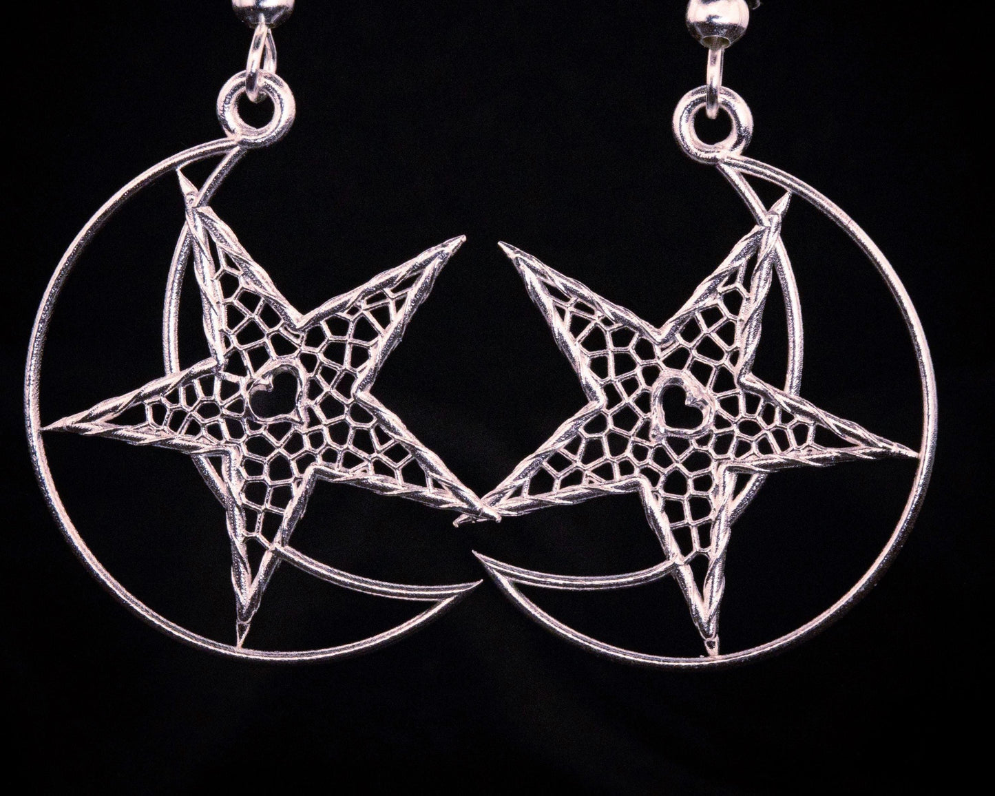 Handcrafted Sterling Silver Heart Moon Star Lattice Earrings Unique Jewelry, item 1039 silver