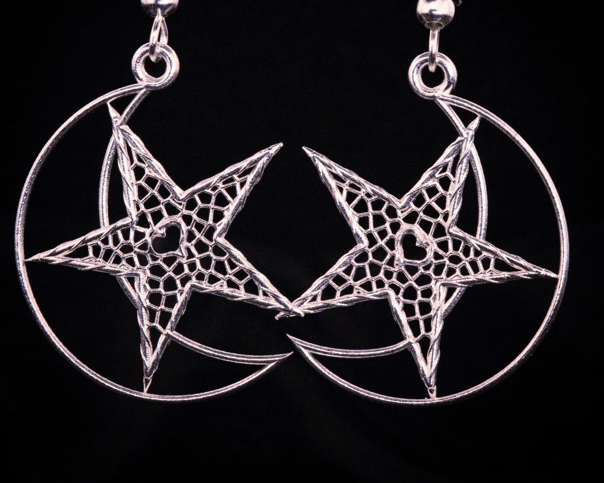 Handcrafted Sterling Silver Heart Moon Star Lattice Earrings Unique Jewelry, item 1039 silver