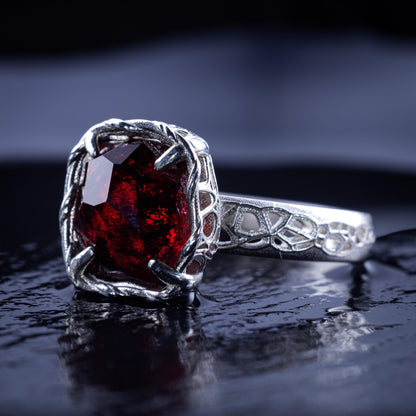 Hand Cut Rubellite Garnet Solitaire Ring — Sterling Silver, Sculptural Design item 1040 silver, Garnet