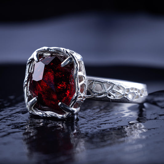 Hand Cut Rubellite Garnet Solitaire Ring — Sterling Silver, Sculptural Design item 1040 silver, Garnet
