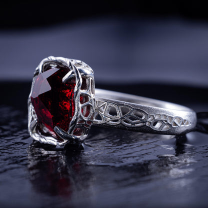 Hand Cut Rubellite Garnet Solitaire Ring — Sterling Silver, Sculptural Design item 1040 silver, Garnet