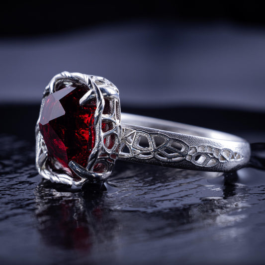 Hand Cut Rubellite Garnet Solitaire Ring — Sterling Silver, Sculptural Design item 1040 silver, Garnet