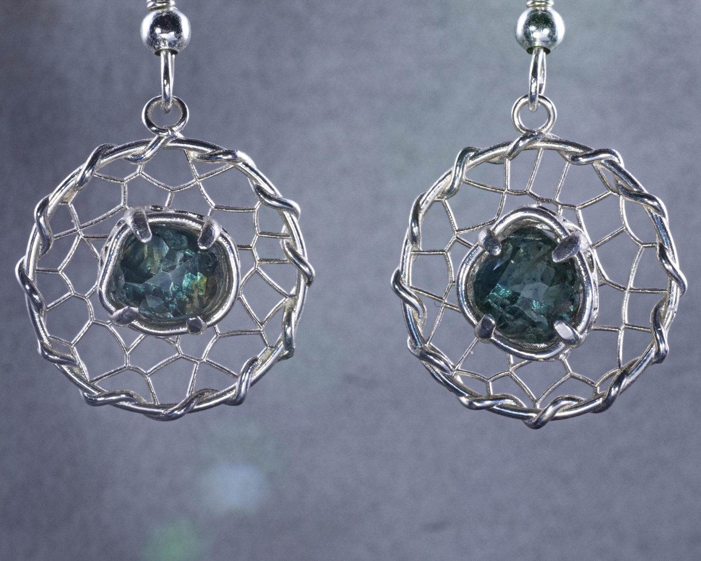 Hand Cut Montana Sapphire Earrings – Sterling Silver Organic Lattice Drops, item 1024 silver, Sapphire