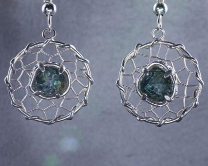 Hand Cut Montana Sapphire Earrings – Sterling Silver Organic Lattice Drops, item 1024 silver, Sapphire