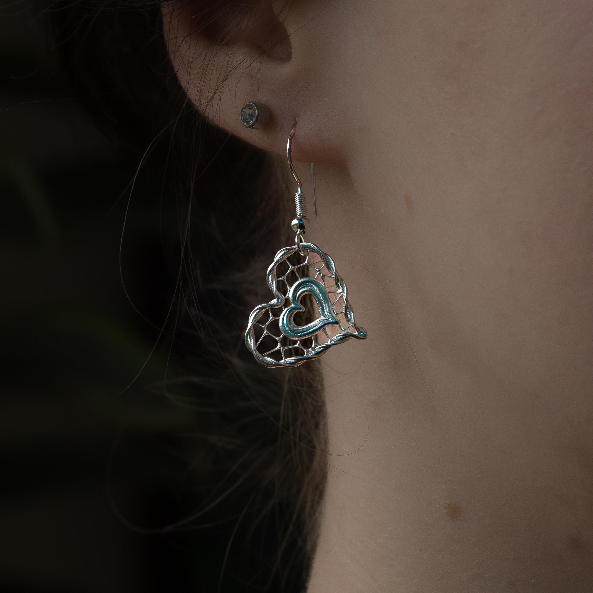 Handcrafted Sterling Silver Heart Lattice Earrings Unique Jewelry item 1048 silver