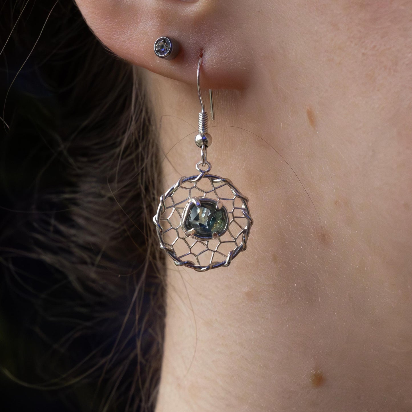 Hand Cut Montana Sapphire Earrings – Sterling Silver Organic Lattice Drops, item 1024 silver, Sapphire