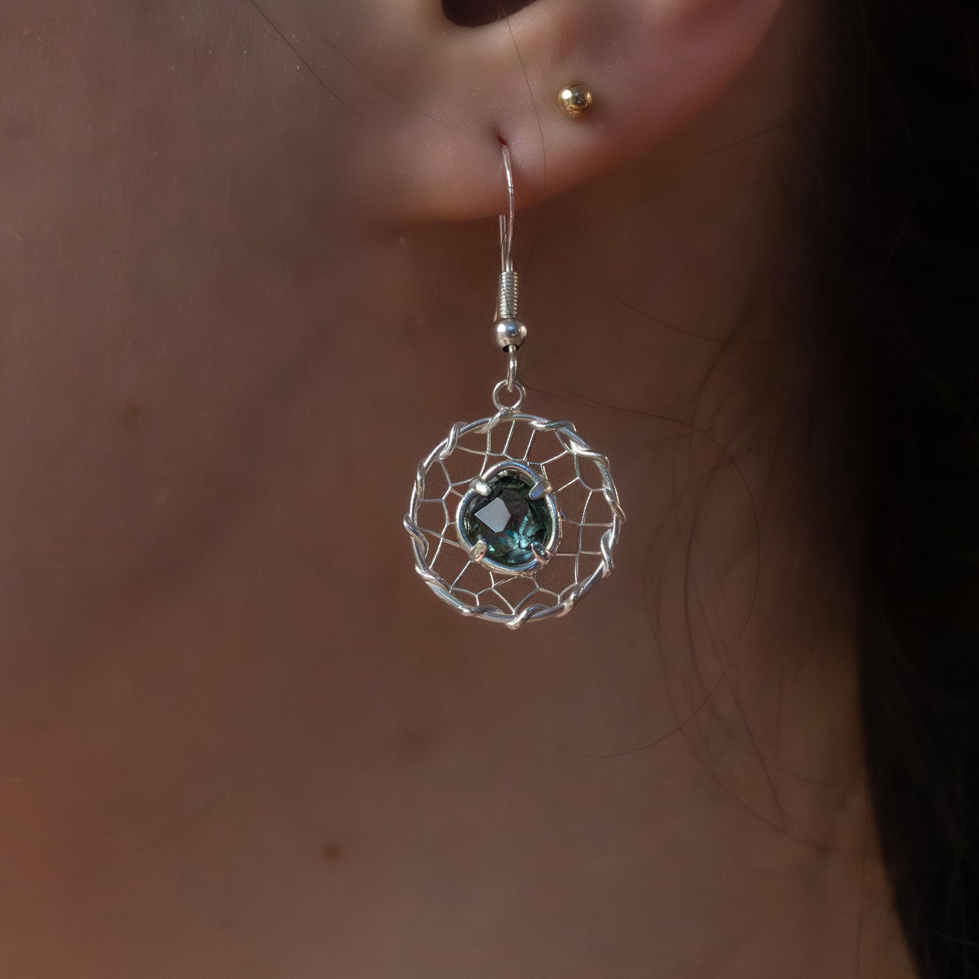 Hand Cut Montana Sapphire Earrings – Sterling Silver Organic Lattice Drops, item 1024 silver, Sapphire