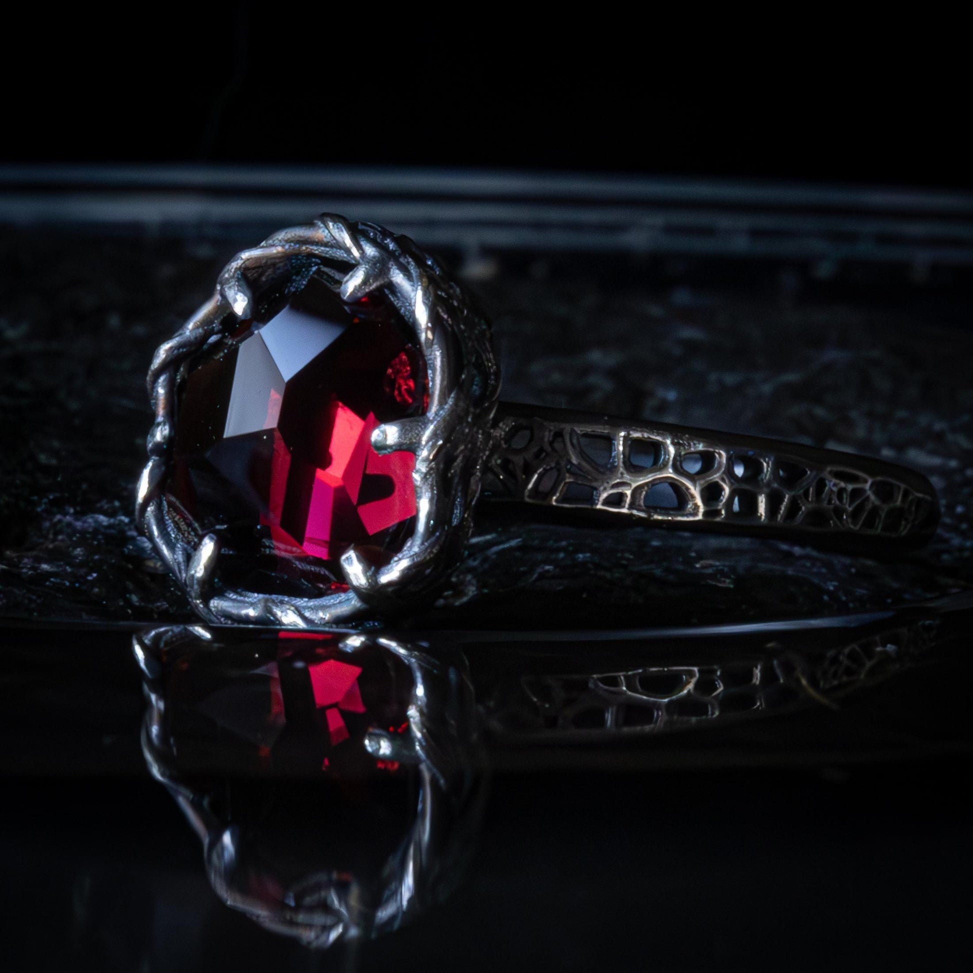 Hand Cut Rubellite Garnet Solitaire Ring — Sterling Silver, Sculptural Design item 1036 silver, Garnet