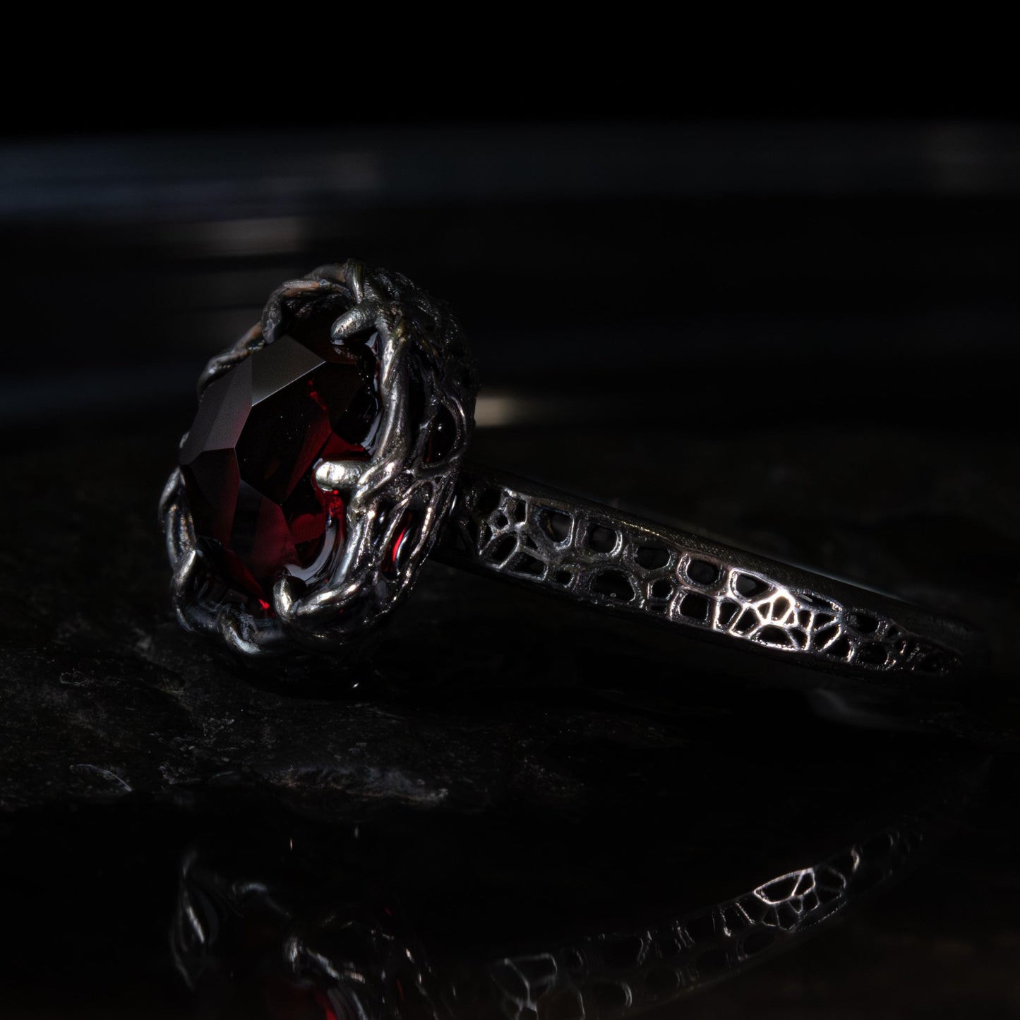 Hand Cut Rubellite Garnet Solitaire Ring — Sterling Silver, Sculptural Design item 1036 silver, Garnet