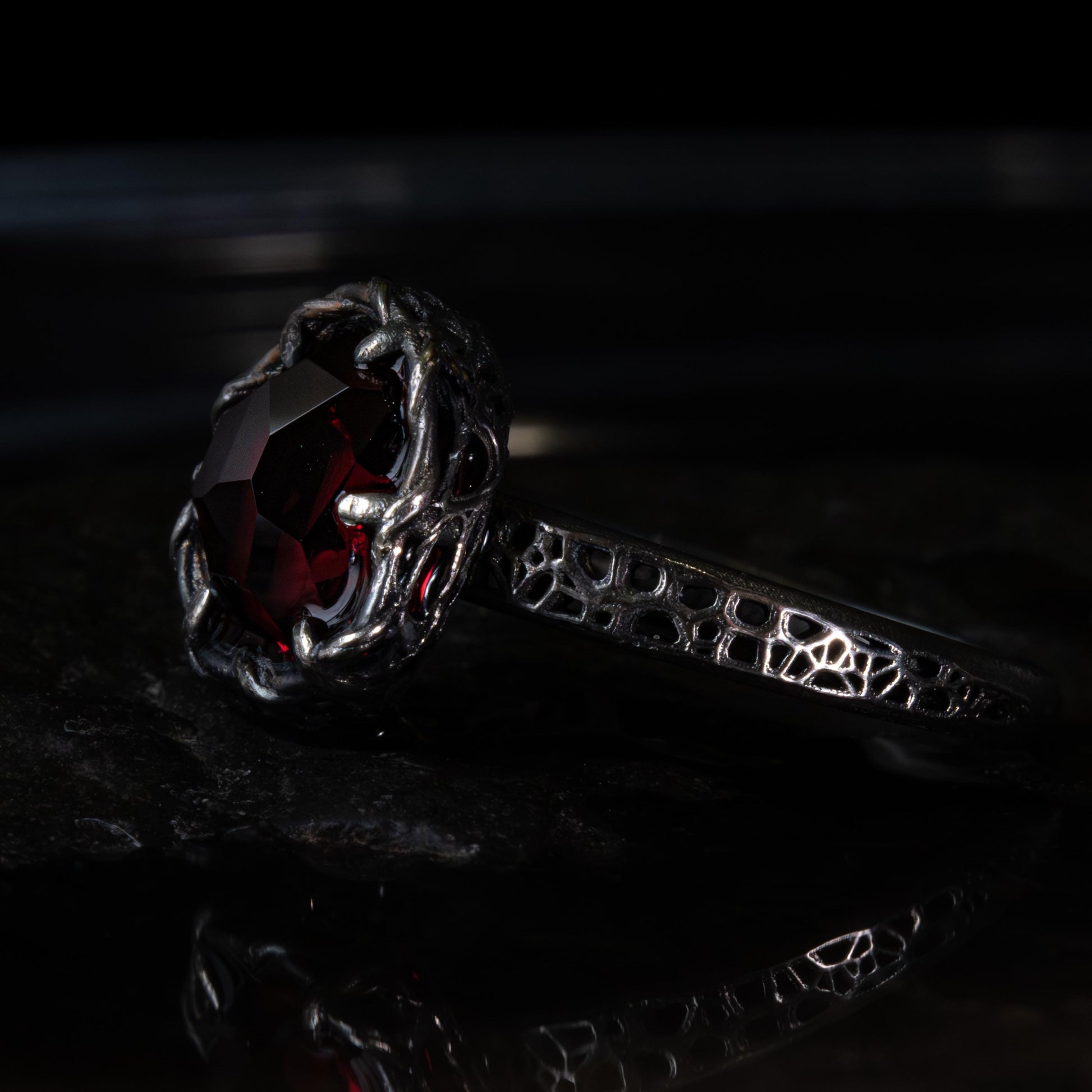 Hand Cut Rubellite Garnet Solitaire Ring — Sterling Silver, Sculptural Design item 1036 silver, Garnet