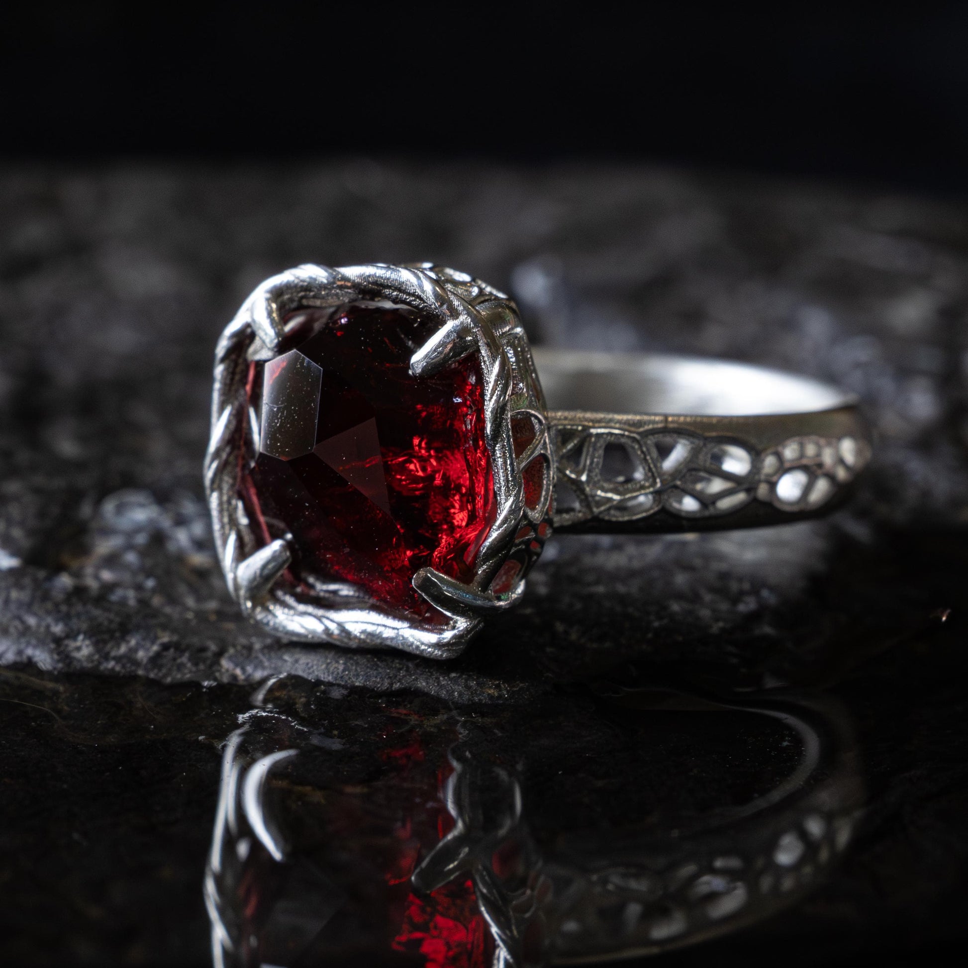 Hand Cut Rubellite Garnet Solitaire Ring — Sterling Silver, Sculptural Design item 1040 silver, Garnet