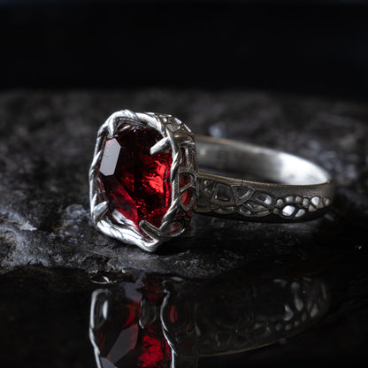 Hand Cut Rubellite Garnet Solitaire Ring — Sterling Silver, Sculptural Design item 1040 silver, Garnet