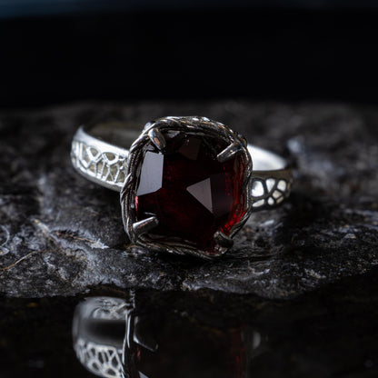 Hand Cut Rubellite Garnet Solitaire Ring — Sterling Silver, Sculptural Design item 1040 silver, Garnet